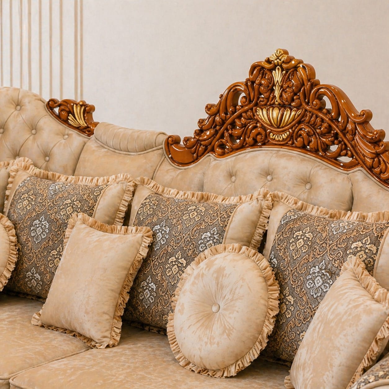 Handcrafted wooden l shape sofa back design with detailed carving work