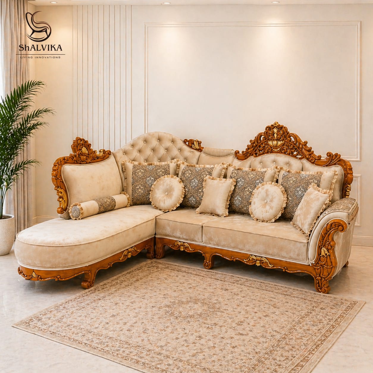 Modern classic wooden l shape sofa corner view with elegant finish