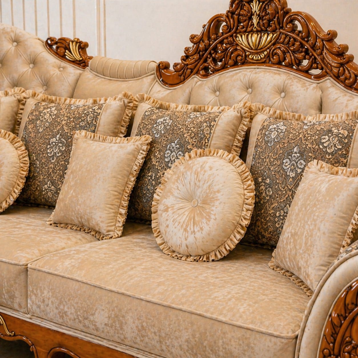 Wooden l shape sofa cushion detail with premium fabric and carved frame