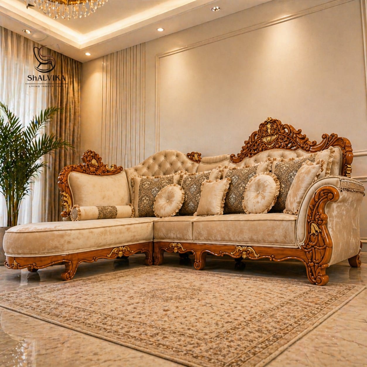 Luxury wooden l shape sofa set placed in modern living room interior