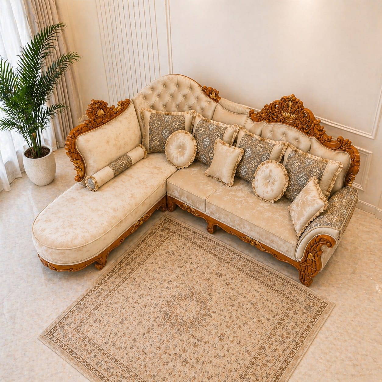 Luxury wooden l shape sofa set with royal carving design for living room