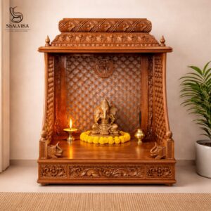 Handcrafted Wooden Mandir Design for Home with Om Carving