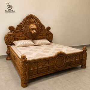 King Size Lion Bed Design in Solid Sagwan Wood Royal Maharaja Bed