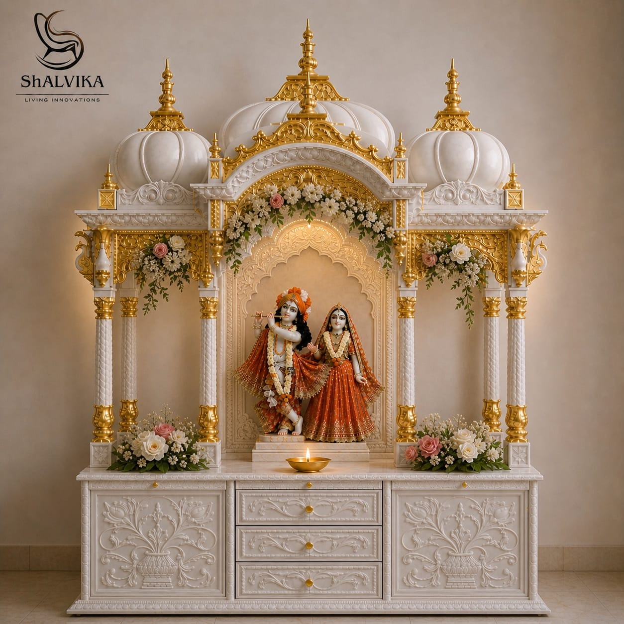 Radha Krishna Mandir in Vrindavan Style with Gold Highlights