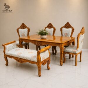 Solid Wooden Dining Table Set with Luxury Upholstered Chairs