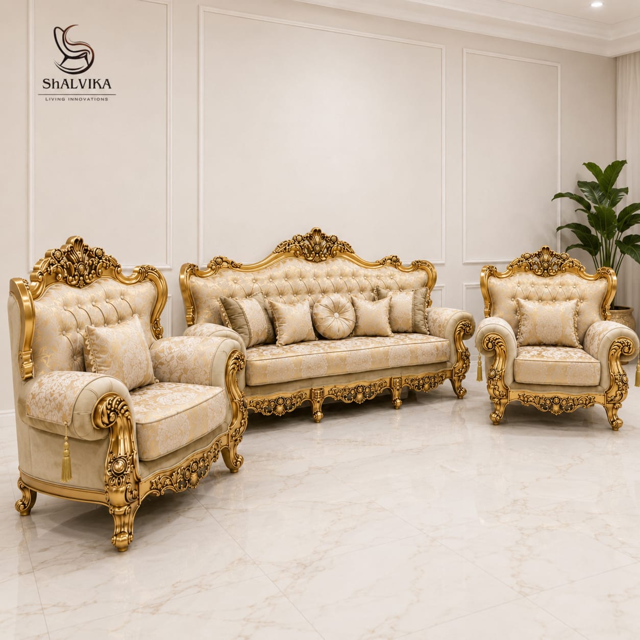 Premium Carved Luxury Sofa Set Design in Cream & Gold