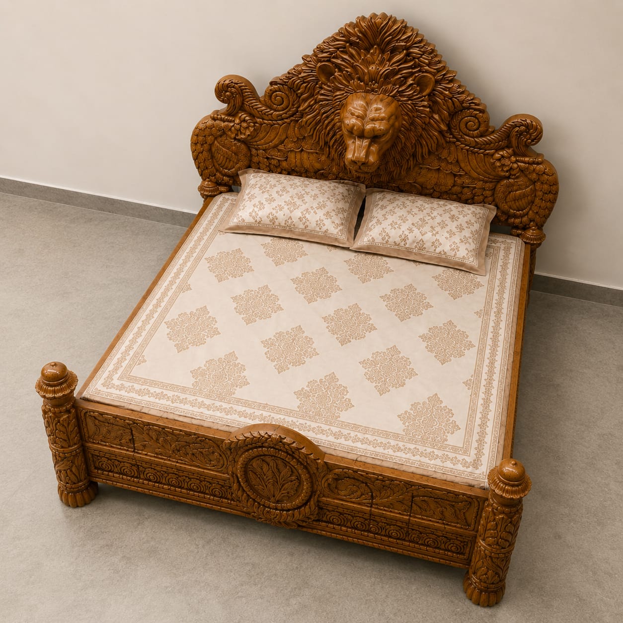 King Size Lion Bed design handcrafted in solid Sagwan wood with royal Maharaja style carvings.
