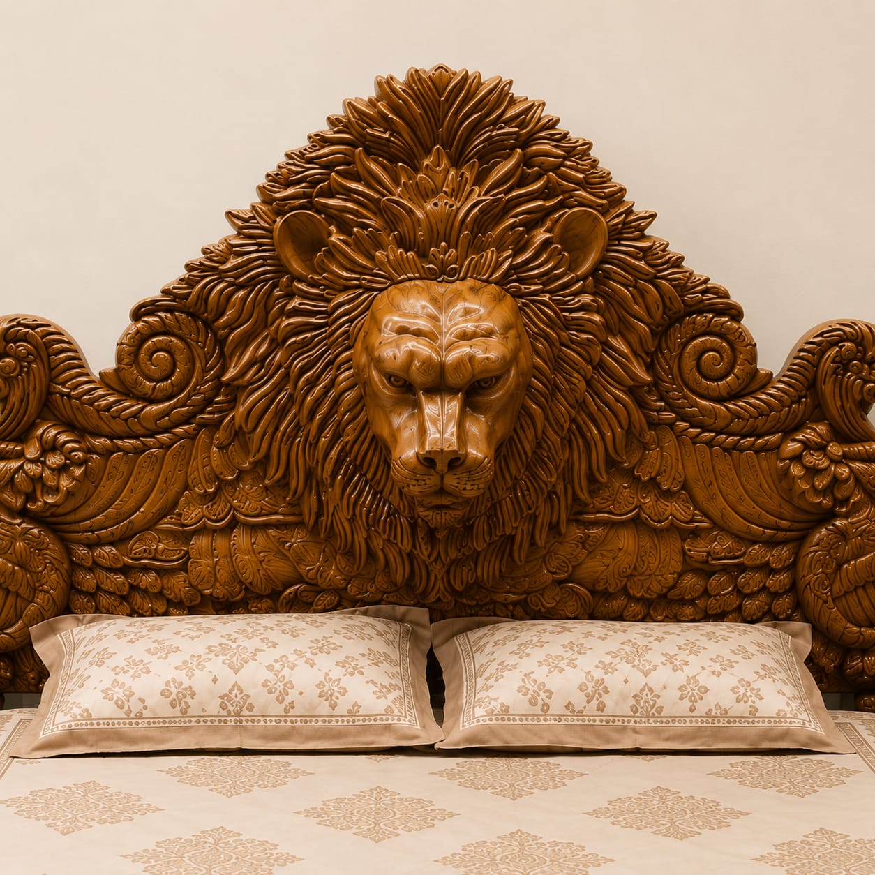 Lion Headboard Royal Bed Design in Solid Wood