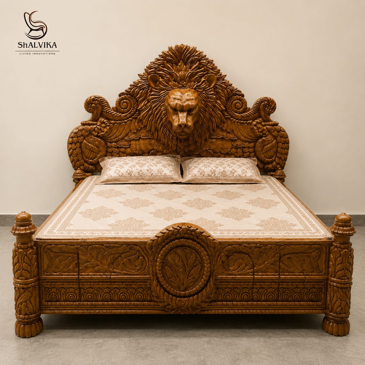 Luxury King Size Lion Bed Design in Sagwan Wood