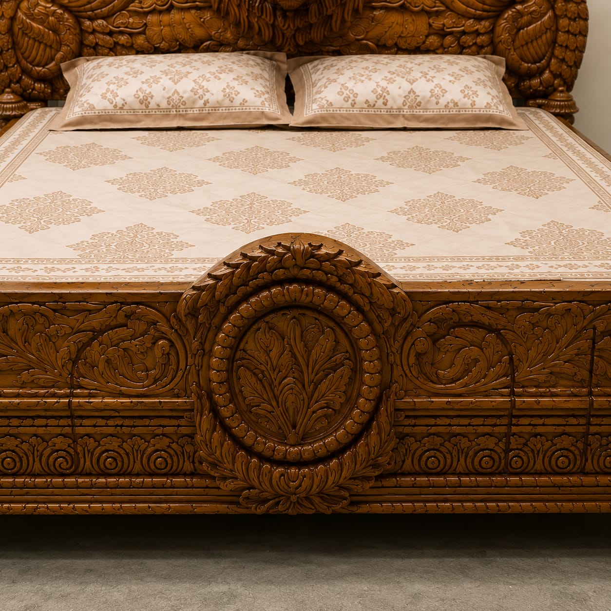 Royal Lion Bed Footboard Carving in Sagwan Wood