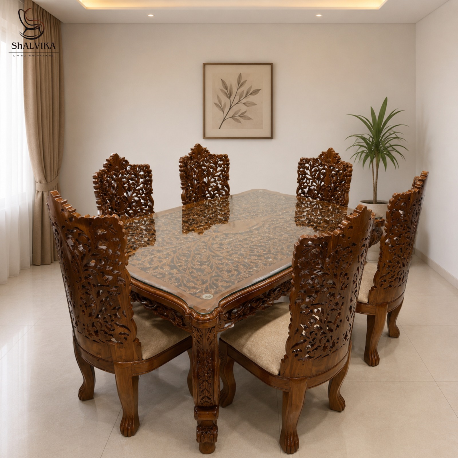 Handcrafted 6 Seater Dining Table Set with Intricate Wood Carving