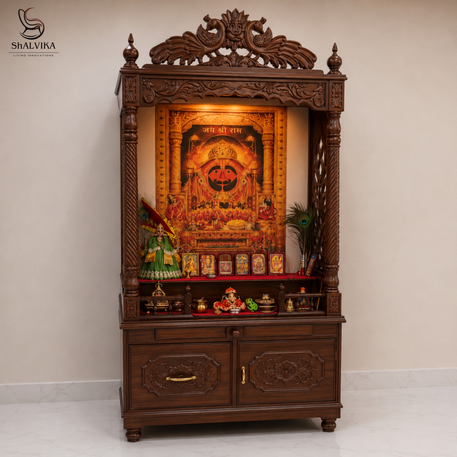 Handcrafted Wooden Khatu Shyam Ji Mandir for Home with Storage Cabinet