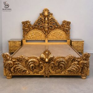 Luxury Royal King Size Bed Design in Gold Finish
