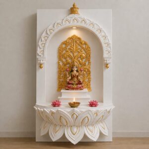 Shalvika Living Premium Wooden Mahalaxmi Mandir with White and Gold Lotus Design for Home