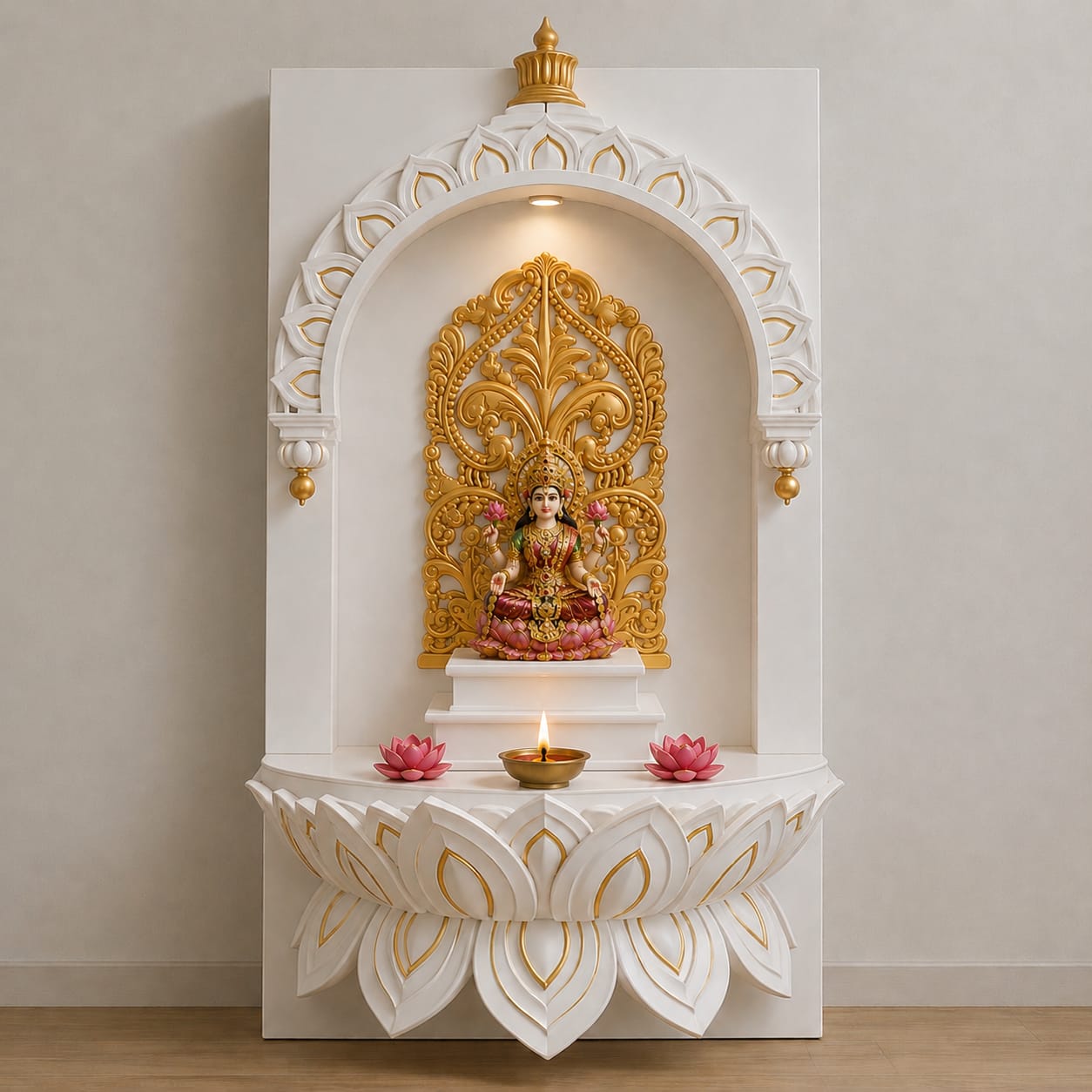 Shalvika Living Premium Wooden Mahalaxmi Mandir with White and Gold Lotus Design for Home