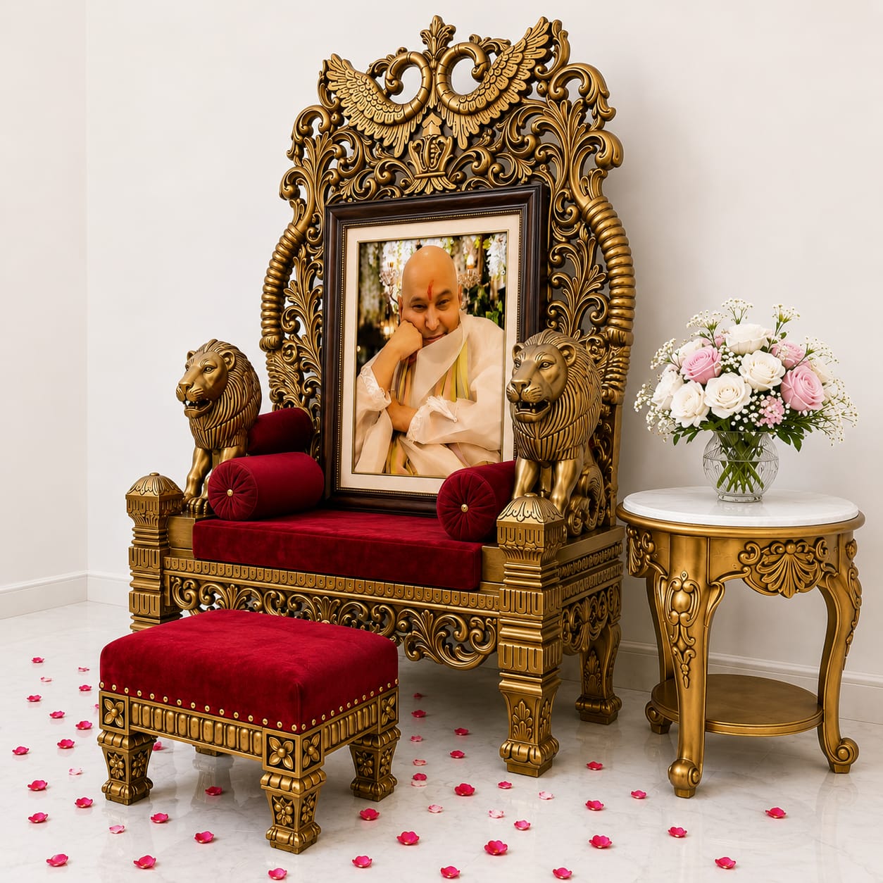 Royal Guruji Chair with Paduka Chowki and Side Table