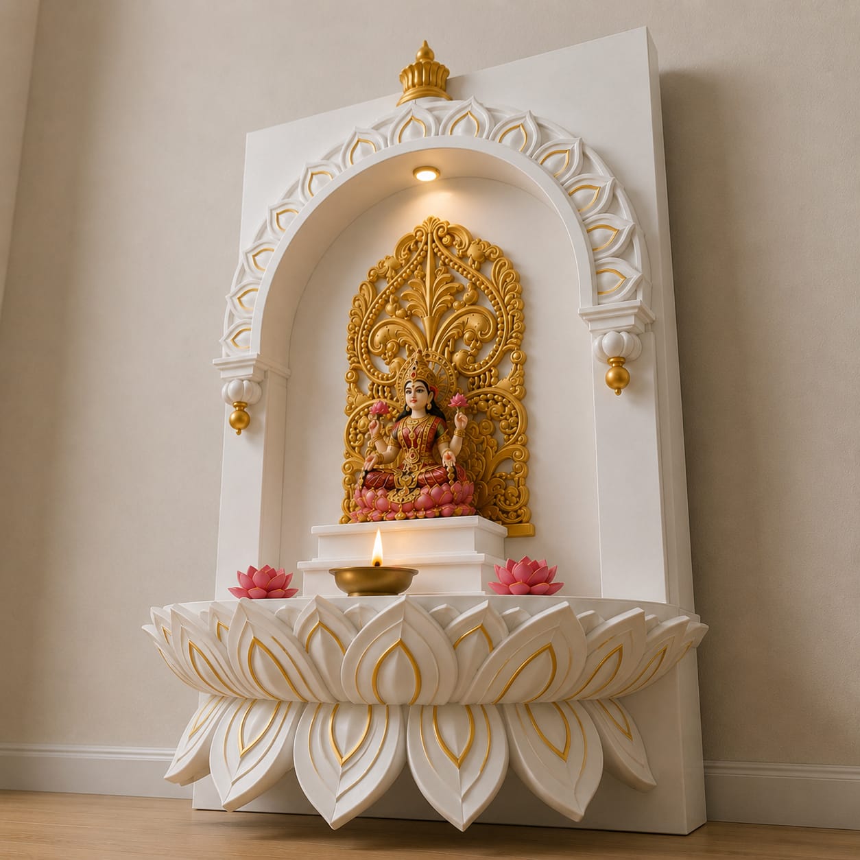 Premium Wooden Mahalaxmi Mandir Side View with White and Gold Lotus Design for Home