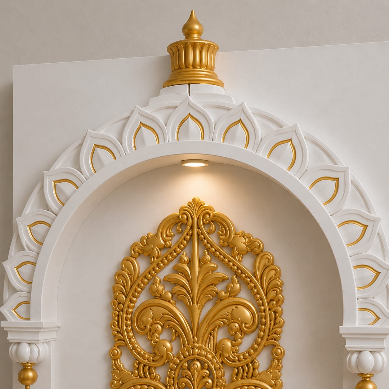 Close-up of Premium Wooden Mahalaxmi Mandir Arch Design with White and Gold Lotus Detailing