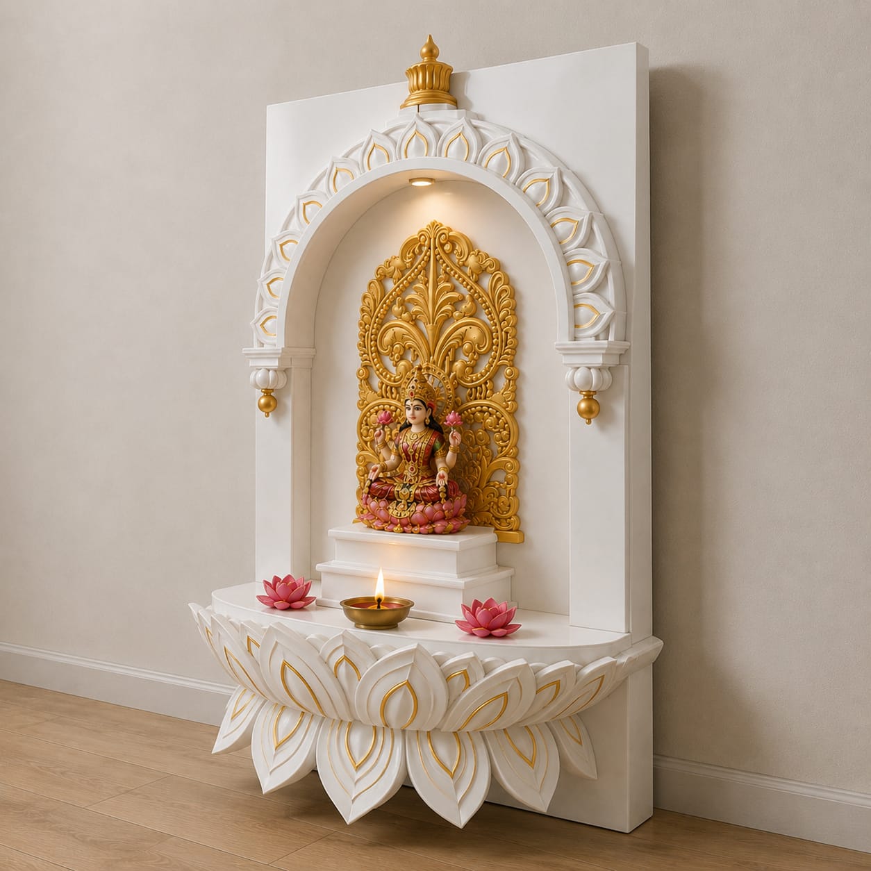 Premium Wooden Mahalaxmi Mandir Angle View with White and Gold Lotus Design for Home