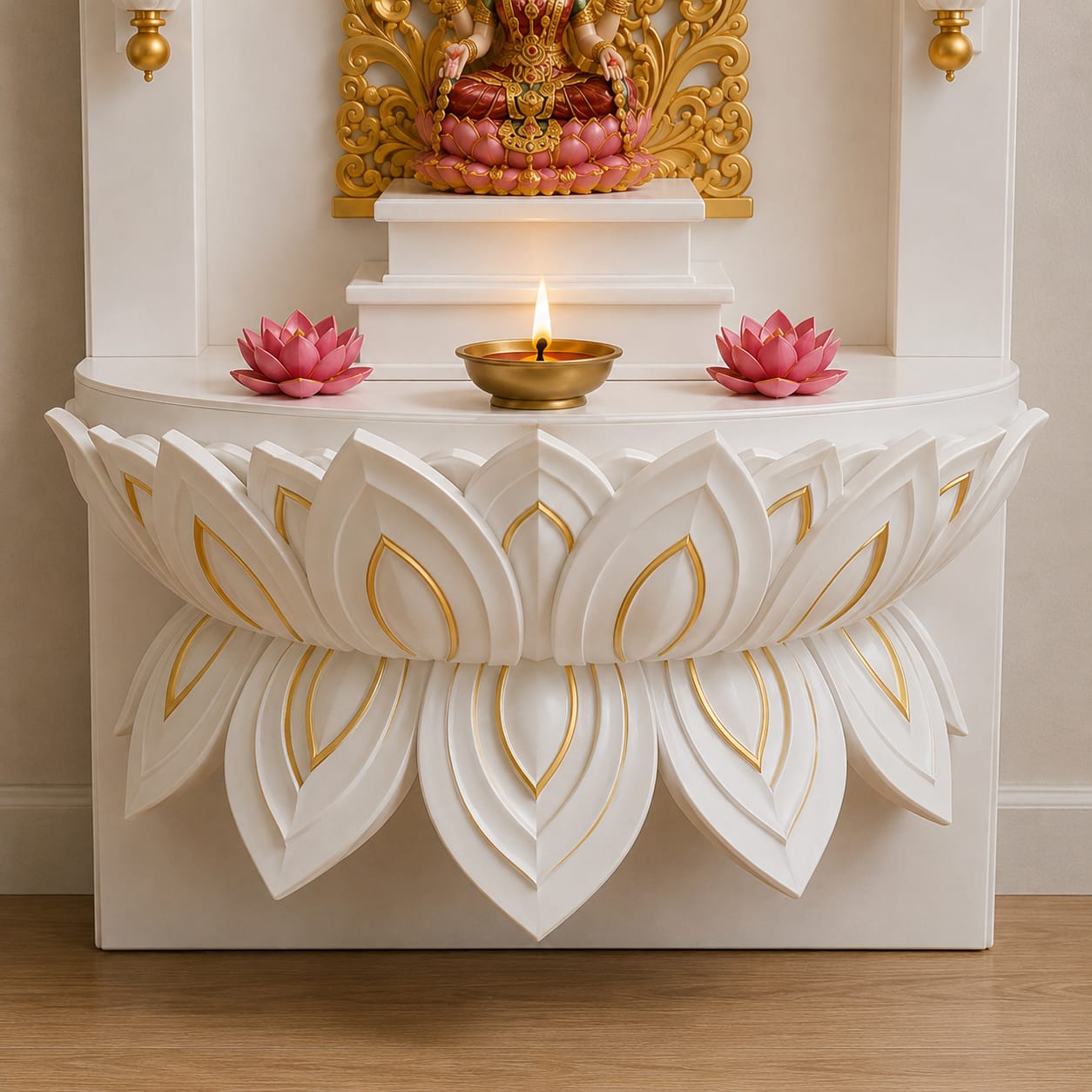 Premium Wooden Mahalaxmi Mandir with White and Gold Lotus Design for Home