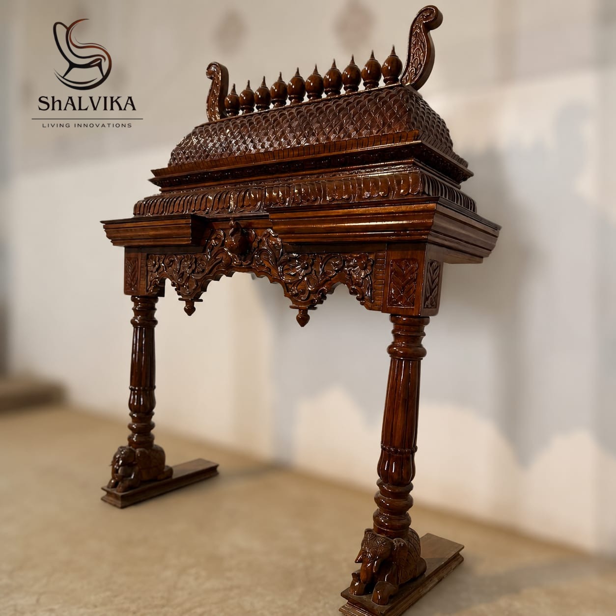 Customized Wooden Home Pooja Mandir in South Indian Gopuram Style