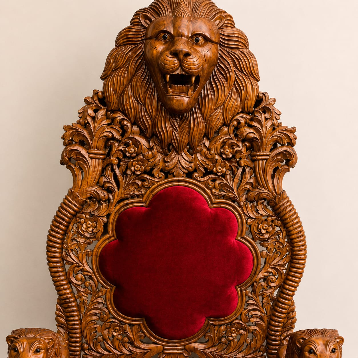 Close-up of hand-carved Lion backrest on luxury Guru Ji Gaddi