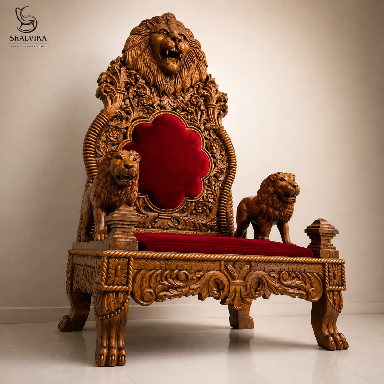 Close-up of lion head backrest on premium Guru Ji Gaddi