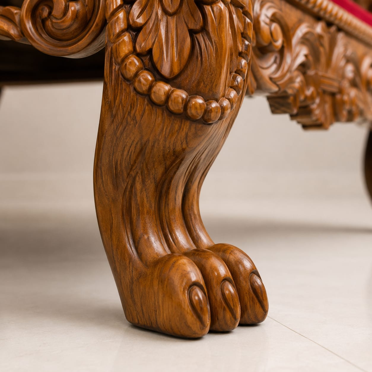 Side view of handcrafted Guru Ji Gaddi with intricate wood carving