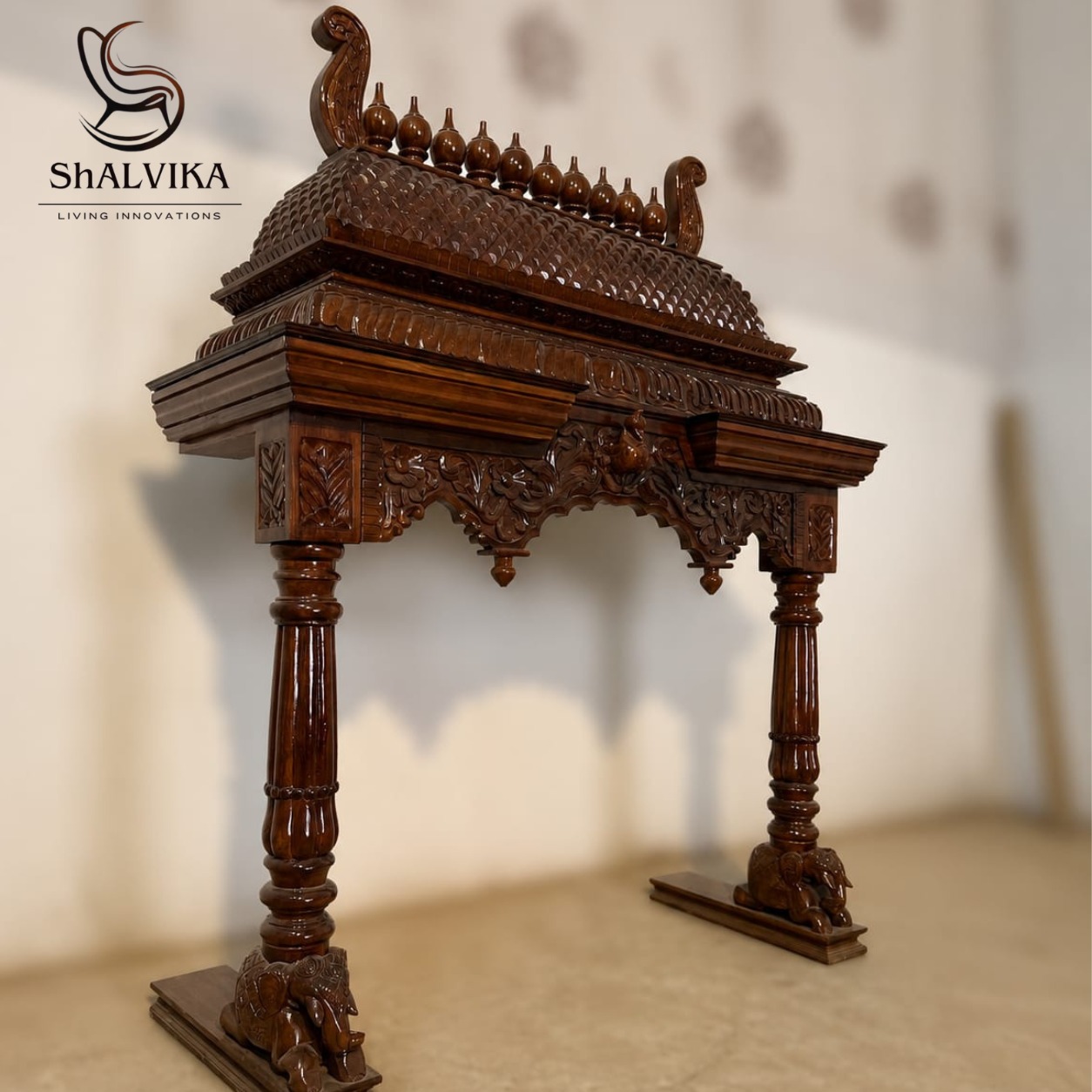 Wooden Home Pooja Mandir with Gopuram Style in Teak Wood
