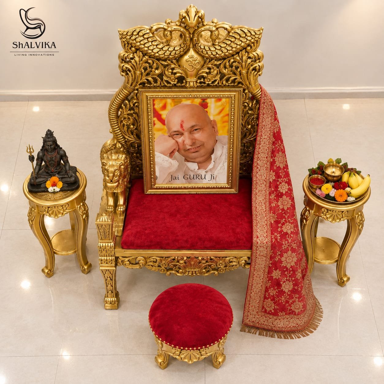 Guru Ji Chair with Paduka in Antique Gold Finish by Shalvika Living