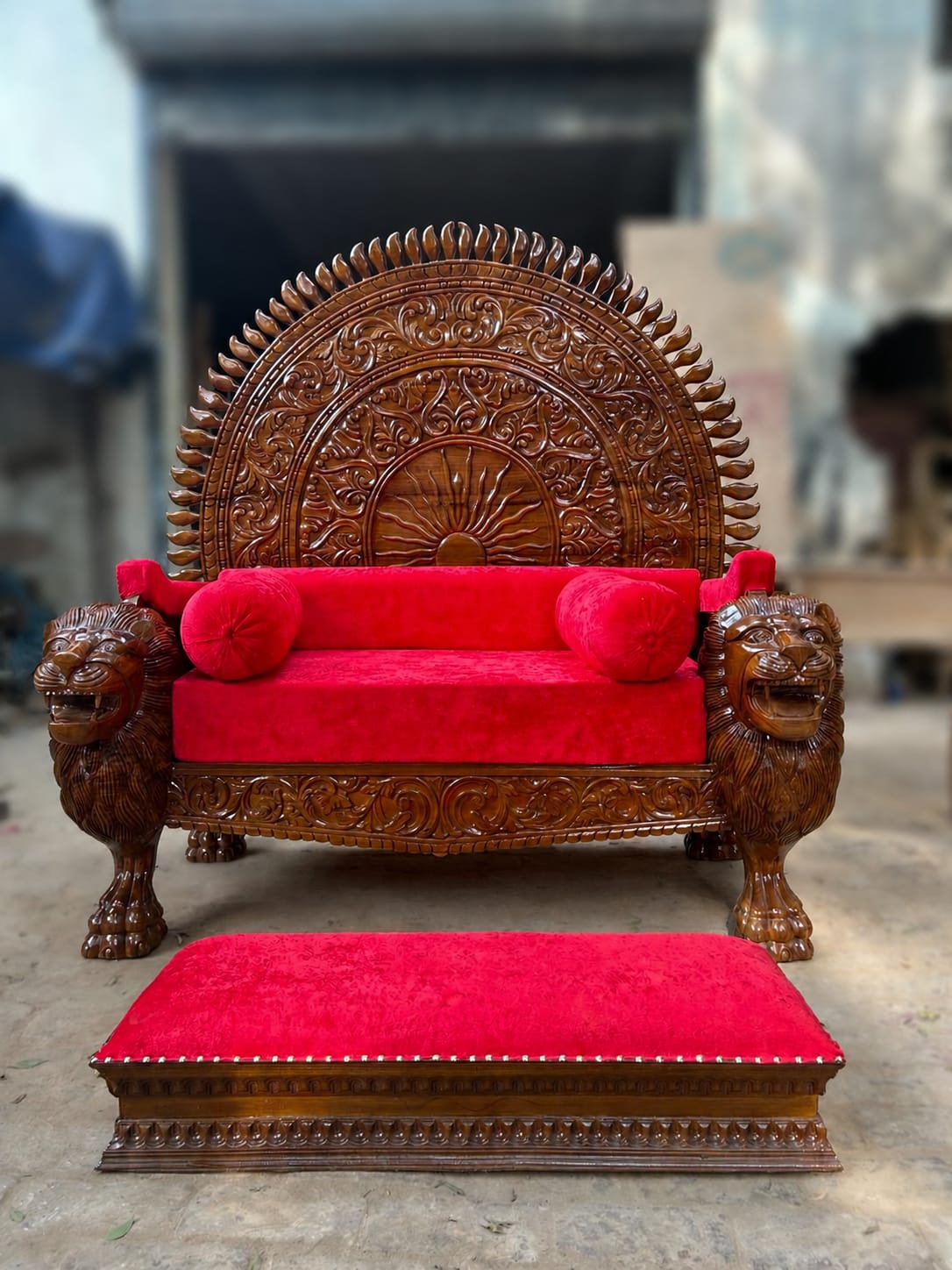 Singhasan for Guruji handcrafted wooden throne with lion carving