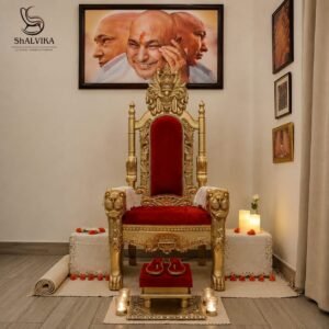 Teak Wood Guruji Chair in Antique Gold Finish