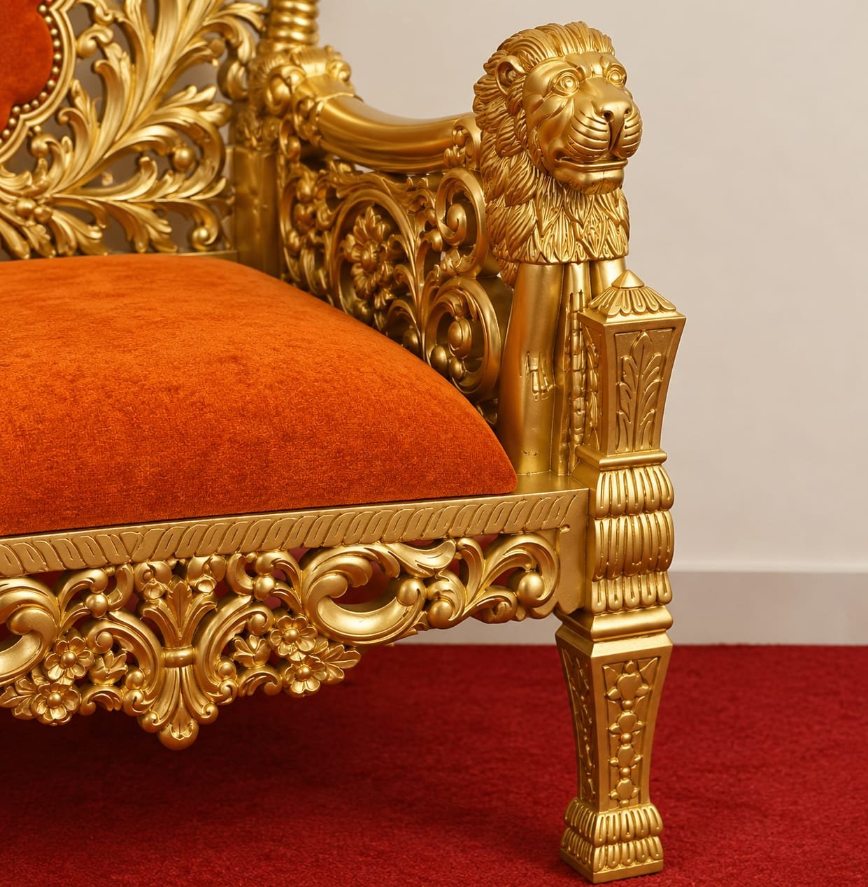 Antique Gold Guruji Chair Singhasan with Lion Handles