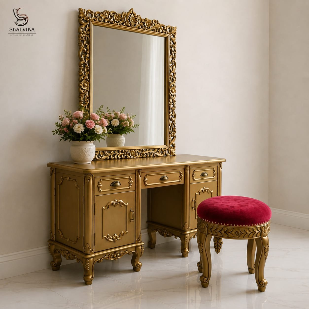 Custom Made Dressing Table Design with Stool by Shalvika Living