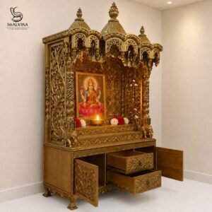 premium pooja ghar design for home in antique gold by shalvika living