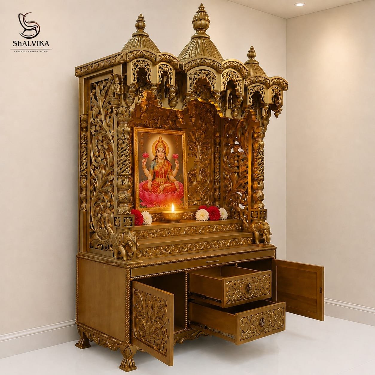 premium pooja ghar design for home in antique gold by shalvika living