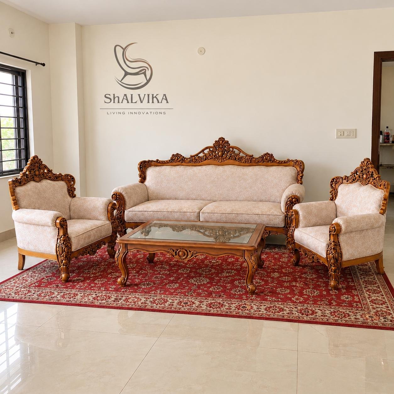 Traditional 5 seater sofa set in teak wood with carved detailing
