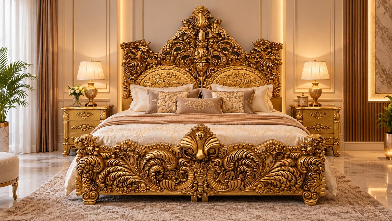 Royal King Size Bed Design in Gold Finish