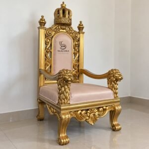 Wooden Royal Throne Chair with Crown and Lion