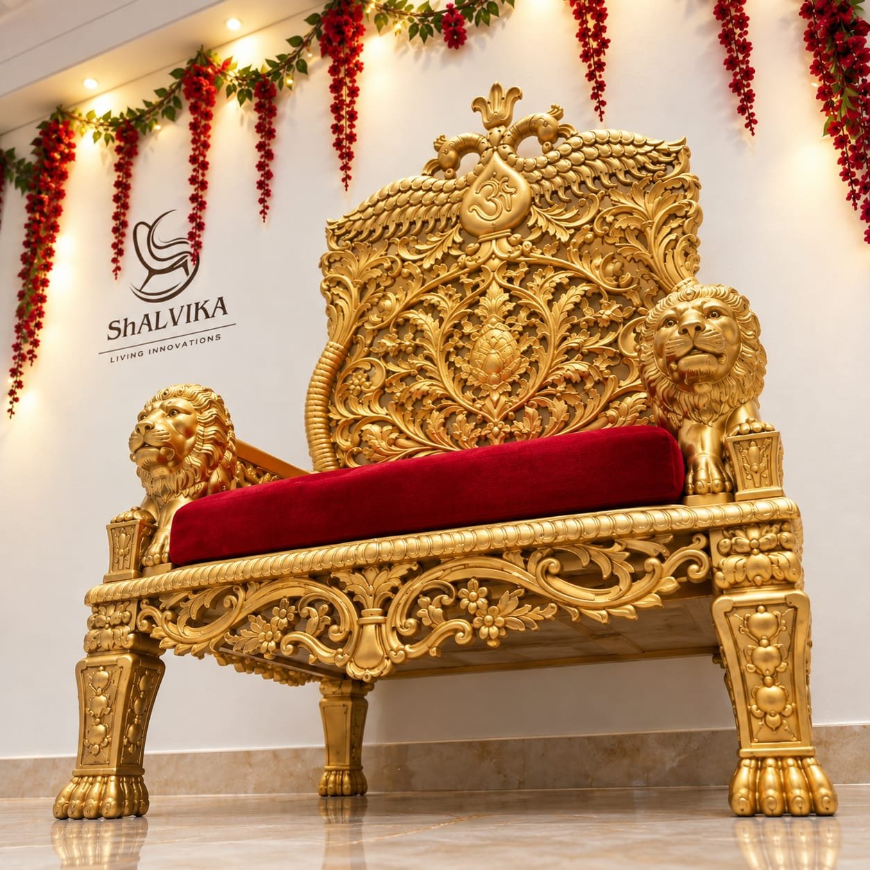 Antique Gold Guruji Chair with Lion Carving by Shalvika Living