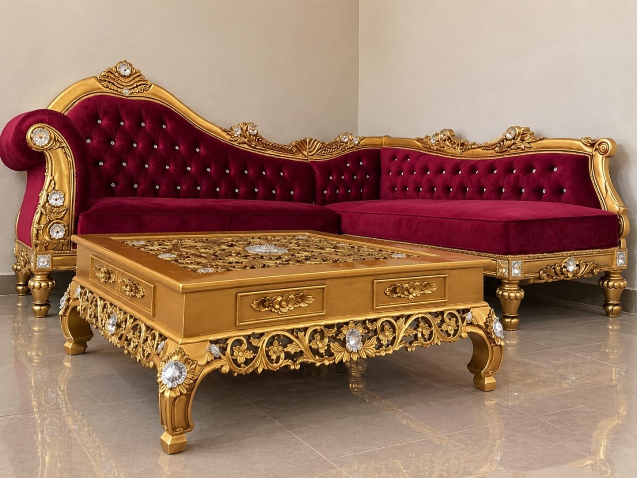 Customized Corner Sofa Set Design with Luxury Finish in Teak Wood