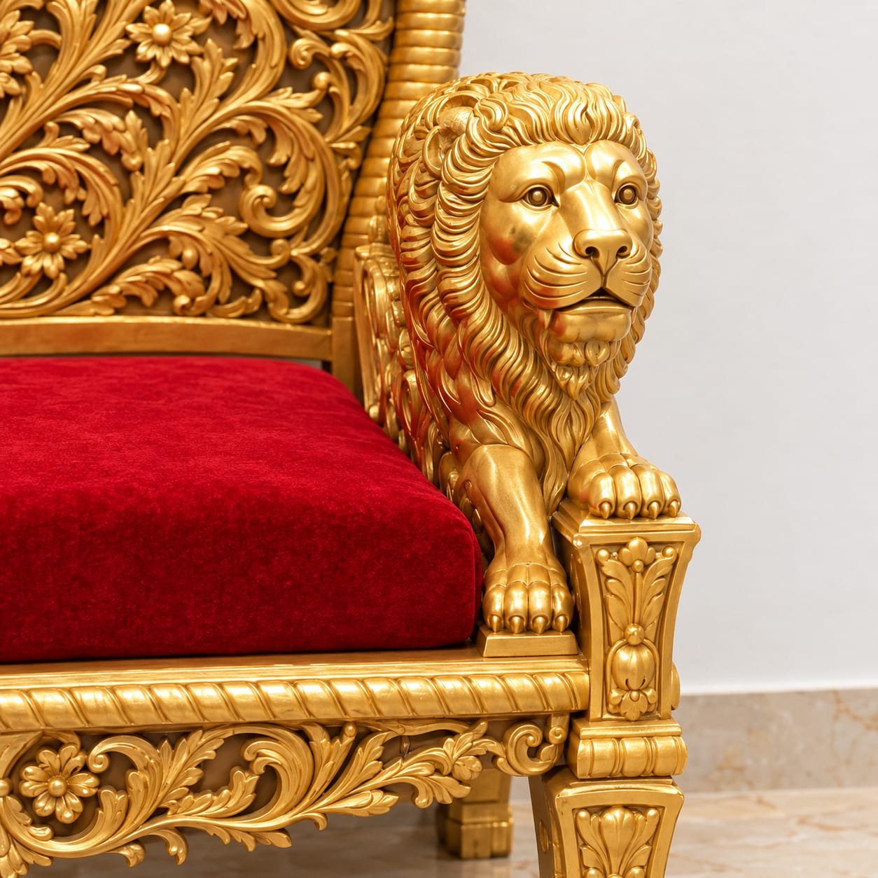 Customized Guruji Chair with Lion Carving by Shalvika Living