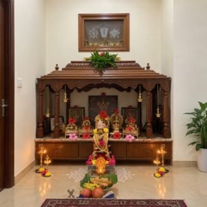 south indian home mandir design with gopuram by shalvika living