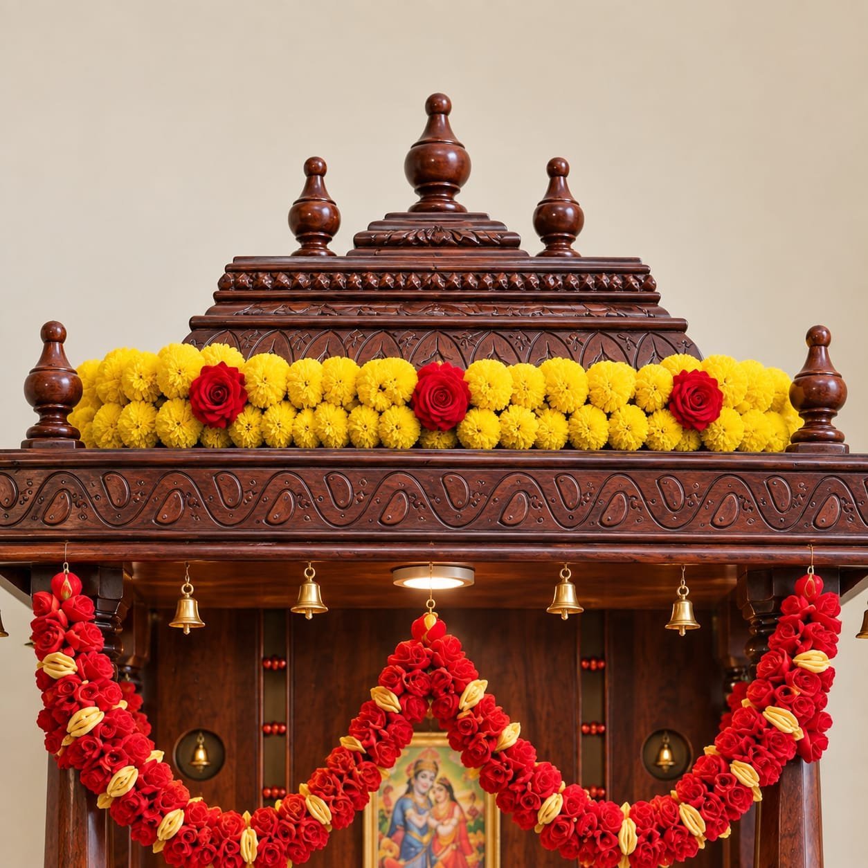 Teak Wood Home Temple with Storage and Gopuram Design